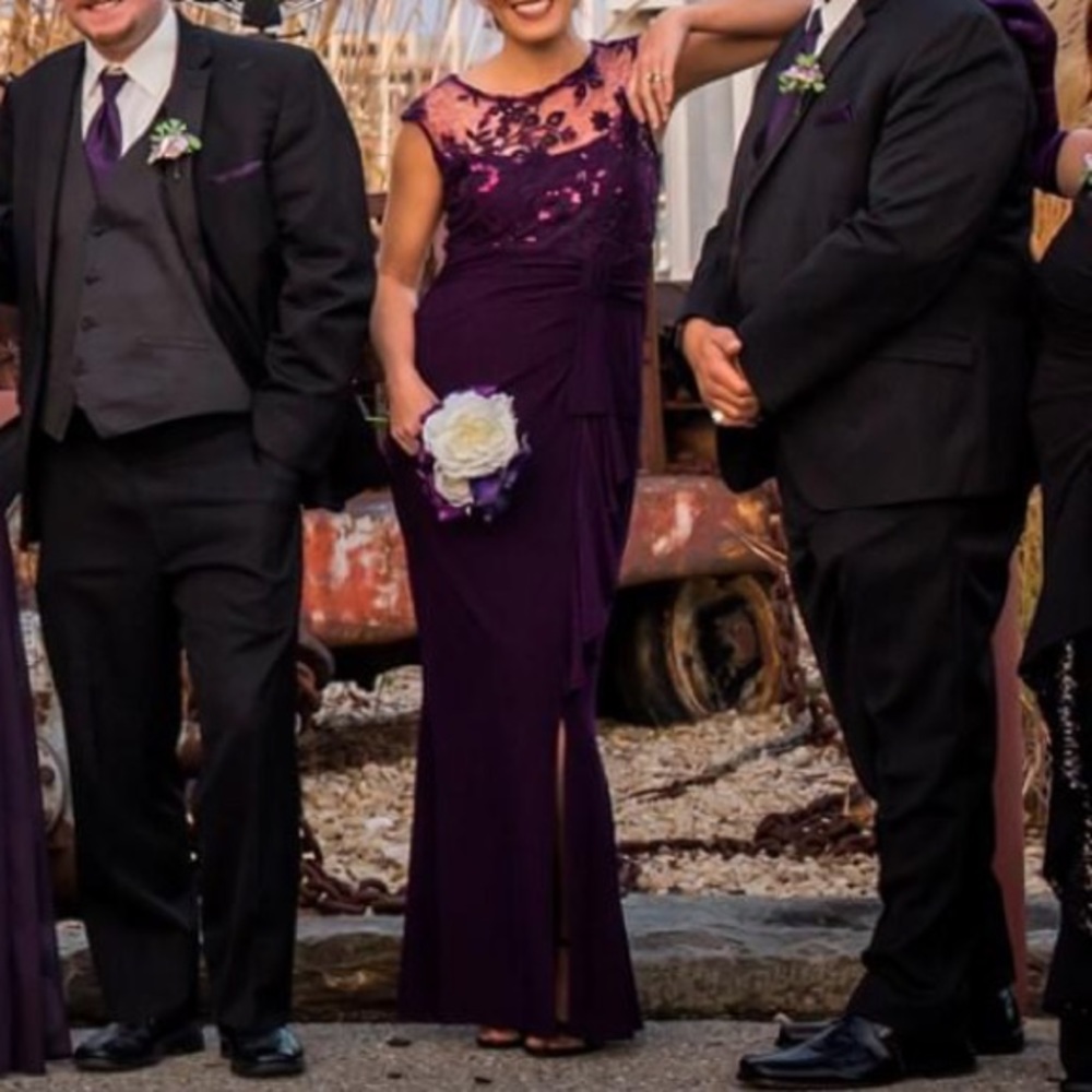 Plum gown with sequin and lace appliqué